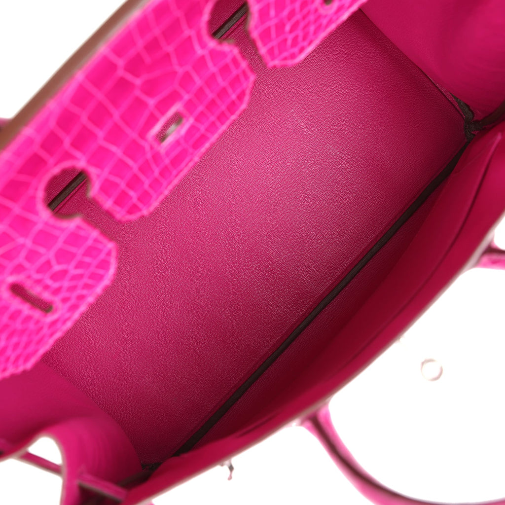 Pre-owned Hermes Birkin 35 Rose Scheherazade Shiny Porosus Crocodile Palladium Hardware