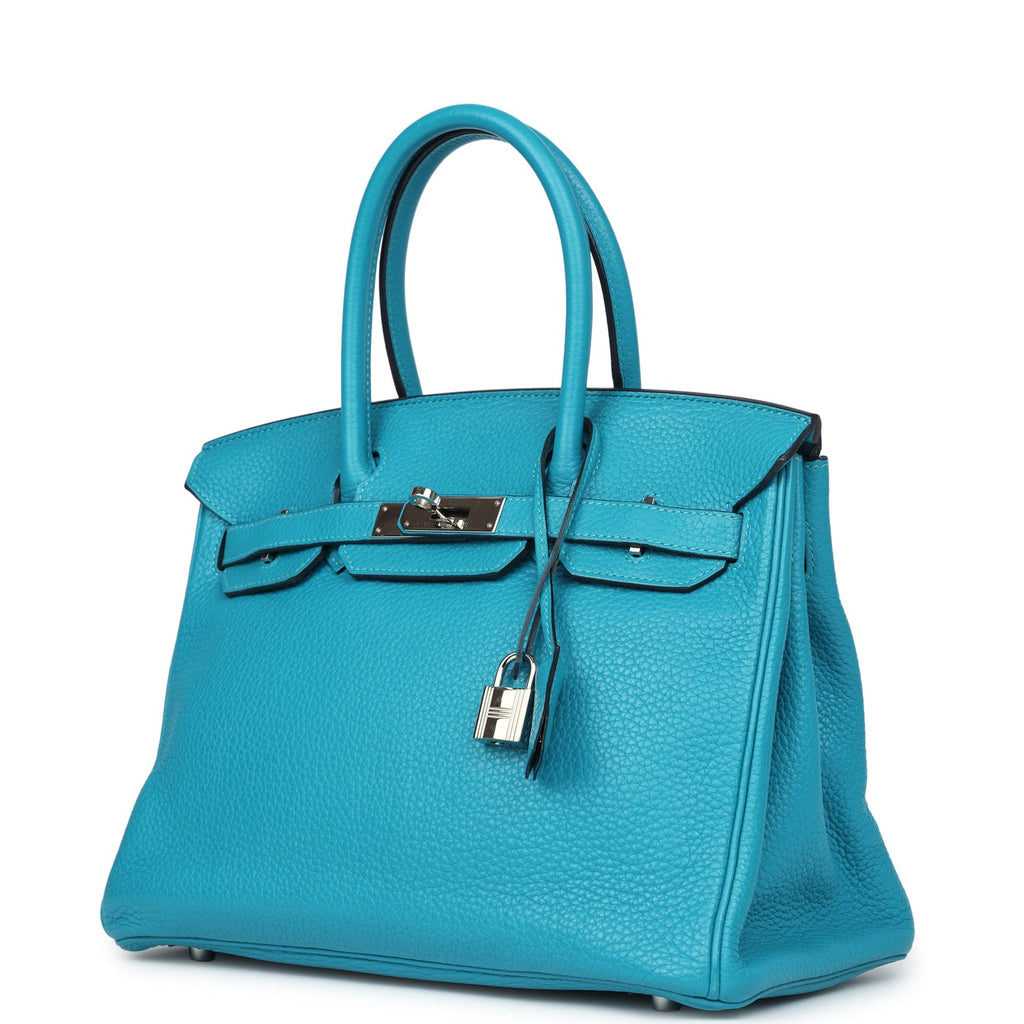 Pre-owned Hermes Birkin 30 Turquoise Clemence Palladium Hardware