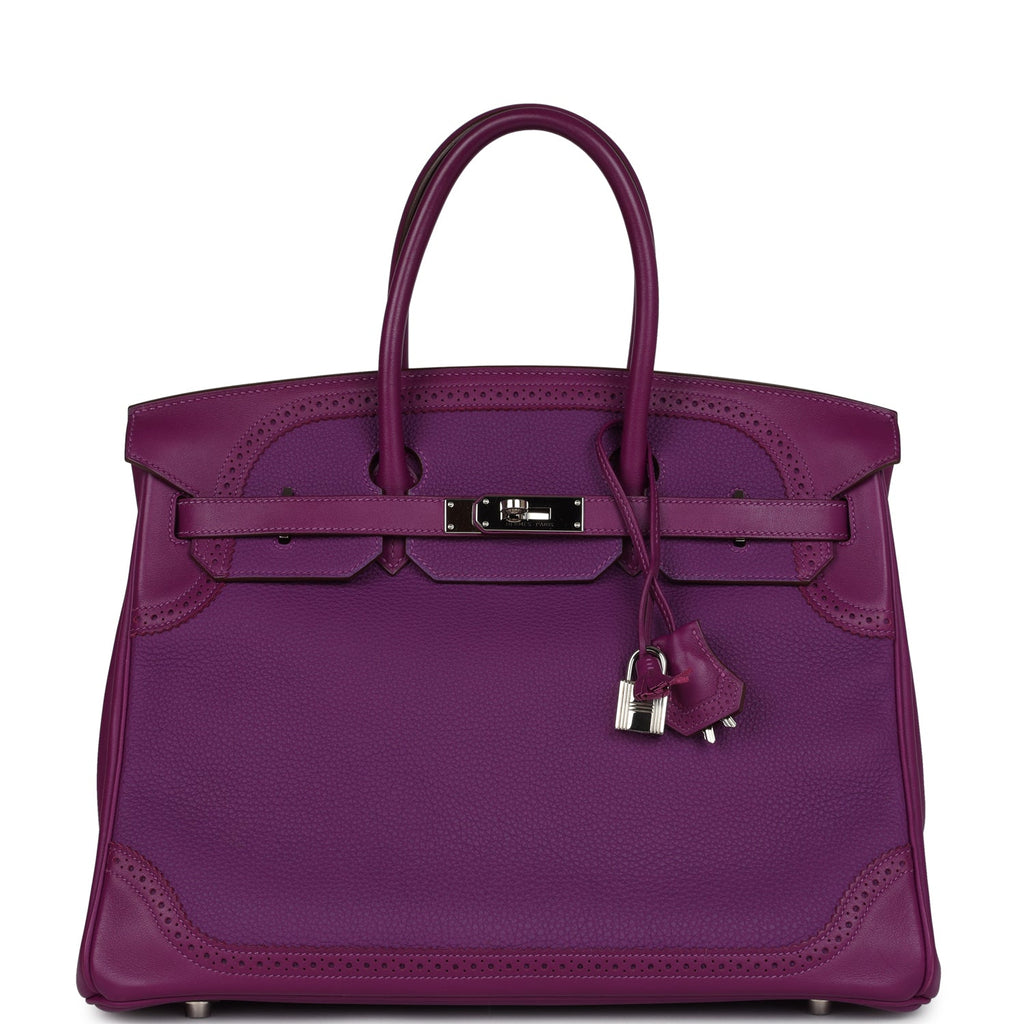 Pre-owned Hermes Birkin Ghillies 35 Anemone Togo and Swift Palladium Hardware