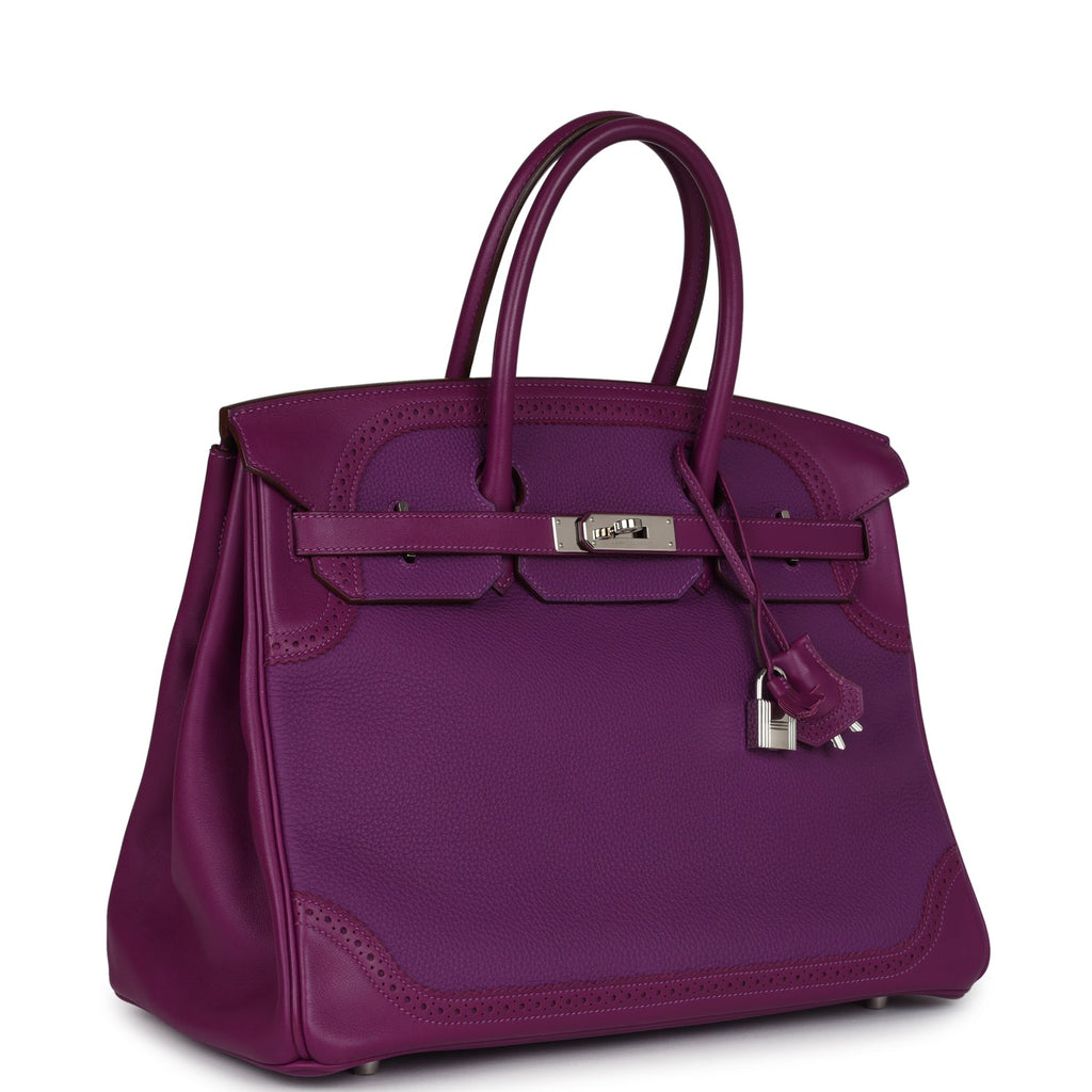 Pre-owned Hermes Birkin Ghillies 35 Anemone Togo and Swift Palladium Hardware