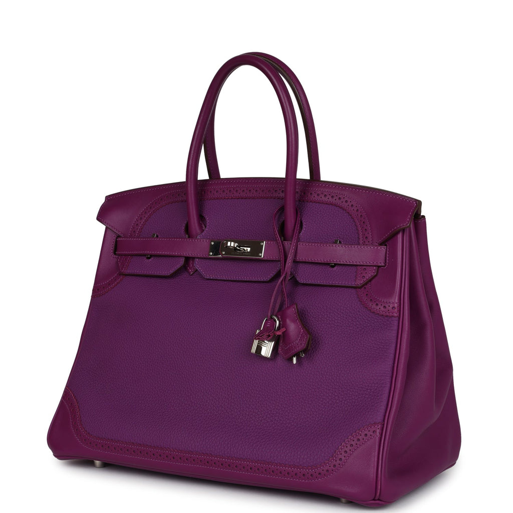 Pre-owned Hermes Birkin Ghillies 35 Anemone Togo and Swift Palladium Hardware