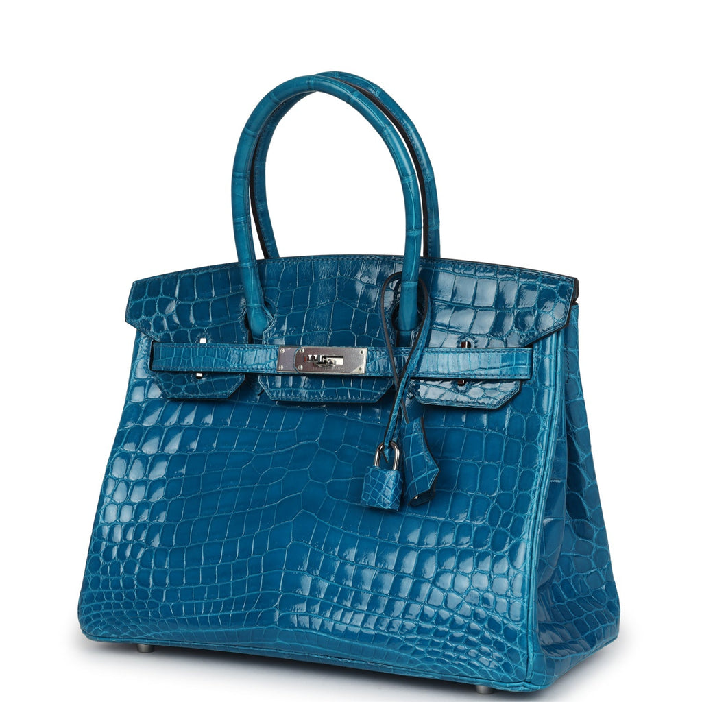 Pre-owned Hermes Birkin 30 Bleu Izmir Shiny Niloticus Crocodile Palladium Hardware