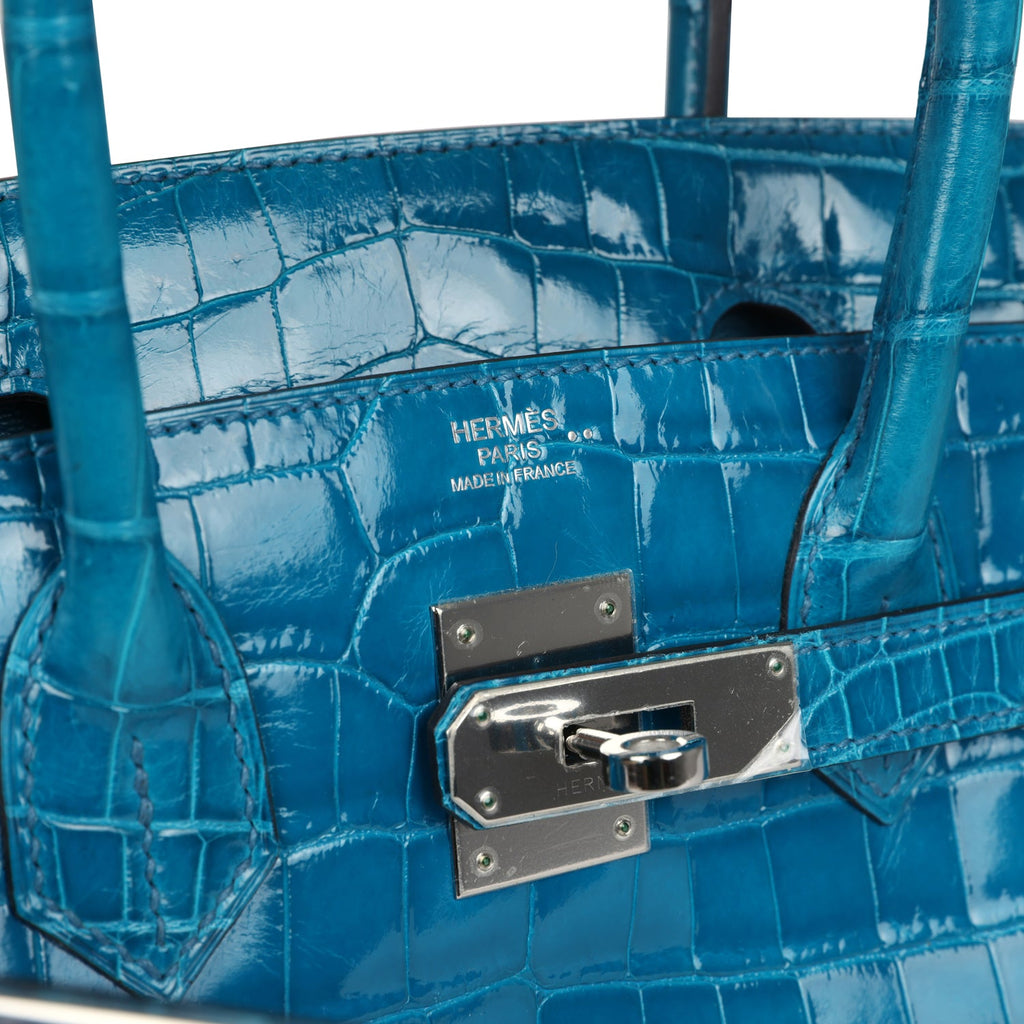 Pre-owned Hermes Birkin 30 Bleu Izmir Shiny Niloticus Crocodile Palladium Hardware
