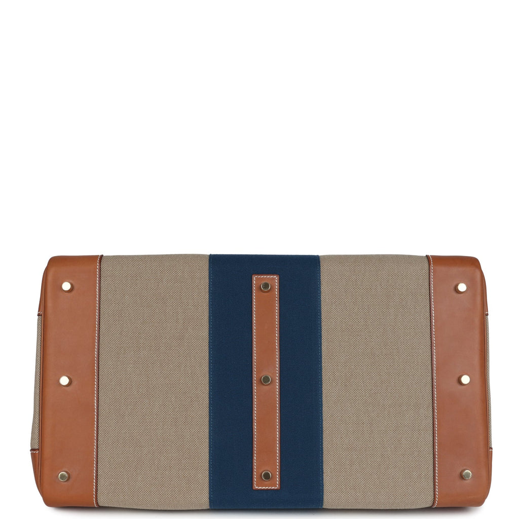 Pre-owned Hermes Birkin HAC 50 Flag Ficelle Toile H, Fauve Barenia and Bleu Toile H Canvas Gold Hardware