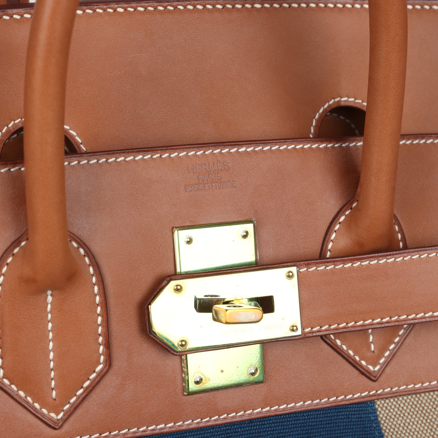 Pre-owned Hermes Birkin HAC 50 Flag Ficelle Toile H, Fauve Barenia and Bleu Toile H Canvas Gold Hardware