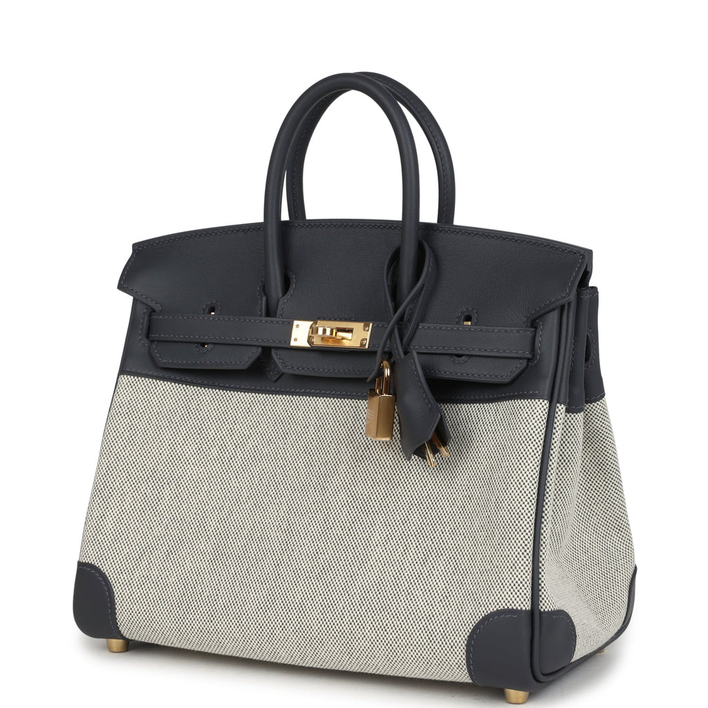 Hermes Birkin 25 Ecru and Ardoise Toile H Canvas and Ardoise Swift Gold Hardware