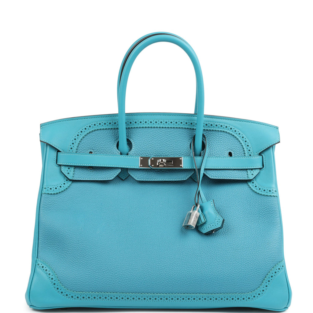 Pre-owned Hermes Birkin Ghillies 35 Turquoise Togo and Swift Palladium Hardware