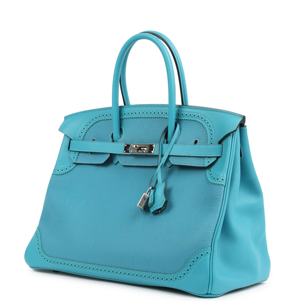 Pre-owned Hermes Birkin Ghillies 35 Turquoise Togo and Swift Palladium Hardware