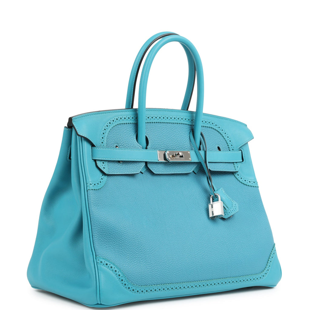 Pre-owned Hermes Birkin Ghillies 35 Turquoise Togo and Swift Palladium Hardware