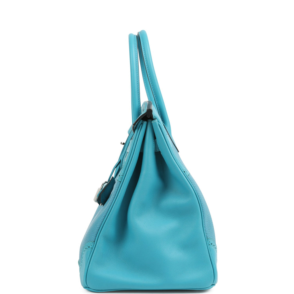 Pre-owned Hermes Birkin Ghillies 35 Turquoise Togo and Swift Palladium Hardware