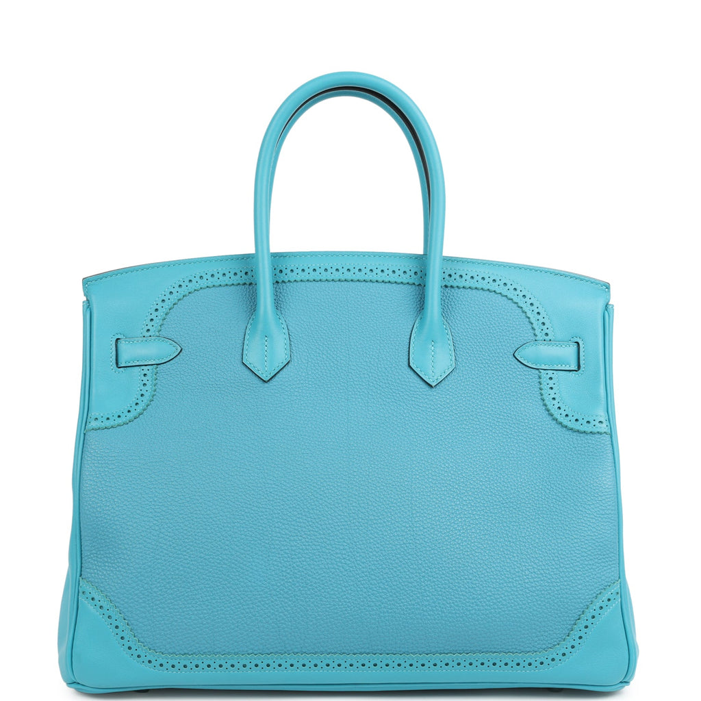 Pre-owned Hermes Birkin Ghillies 35 Turquoise Togo and Swift Palladium Hardware