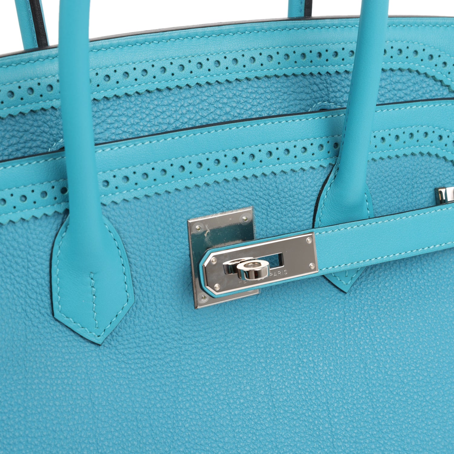 Pre-owned Hermes Birkin Ghillies 35 Turquoise Togo and Swift Palladium Hardware