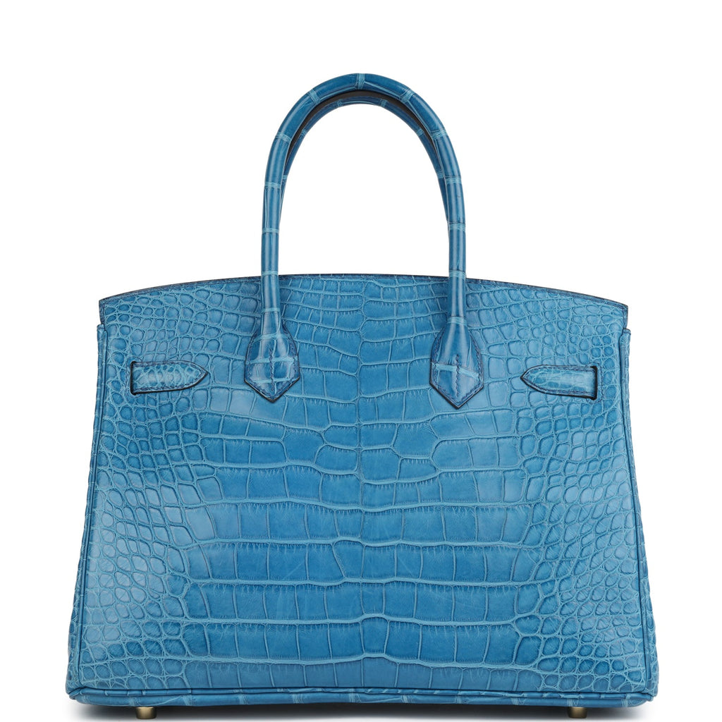 Pre-owned Hermes Birkin 30 Bleu Mykonos Matte Alligator Gold Hardware