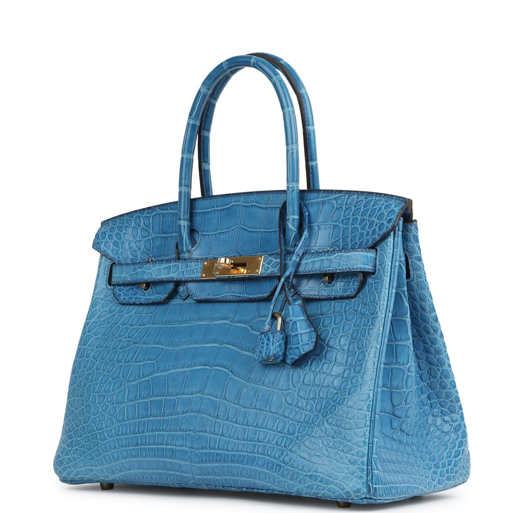 Pre-owned Hermes Birkin 30 Bleu Mykonos Matte Alligator Gold Hardware