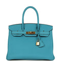 Pre-owned Hermes Birkin 30 Turquoise Togo Gold Hardware