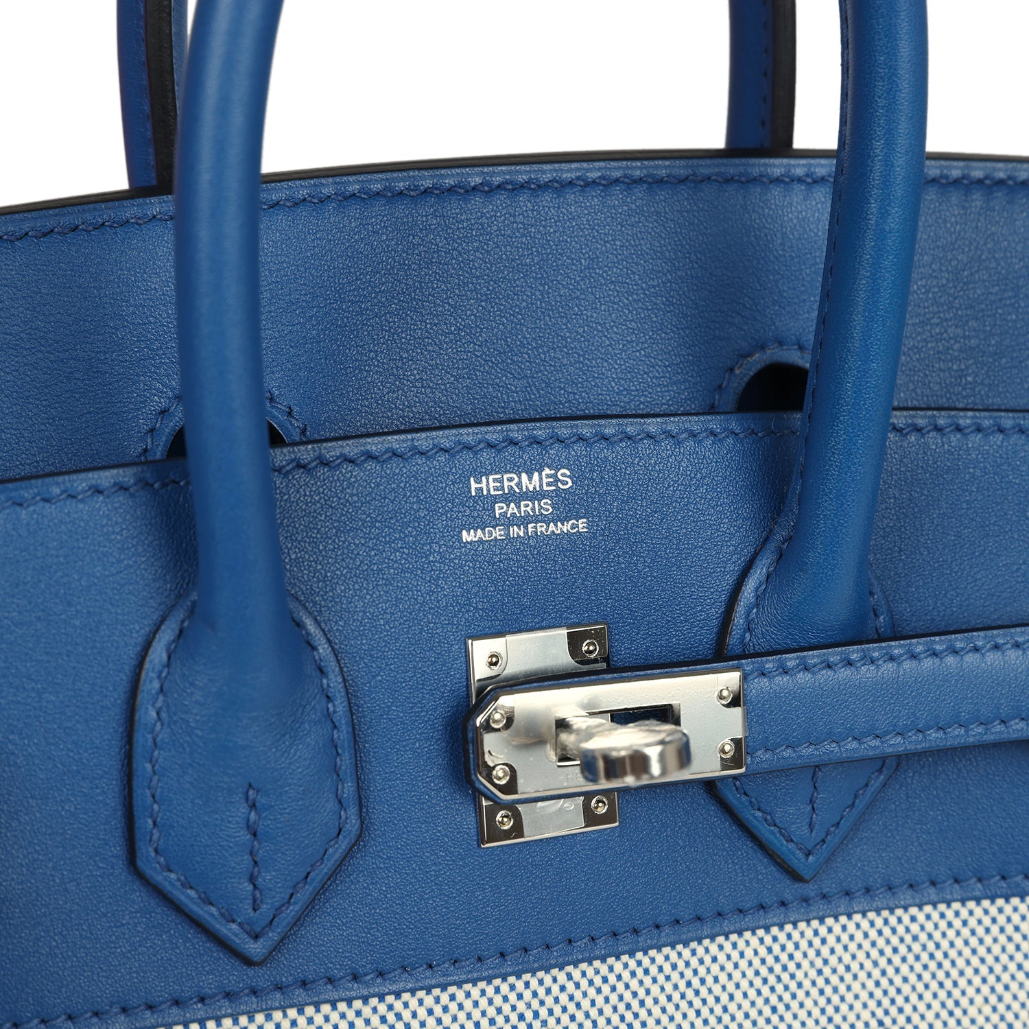 Hermes Birkin 25 Bleu France Swift and Bleu Bill-Ecru Toile H Canvas Palladium Hardware