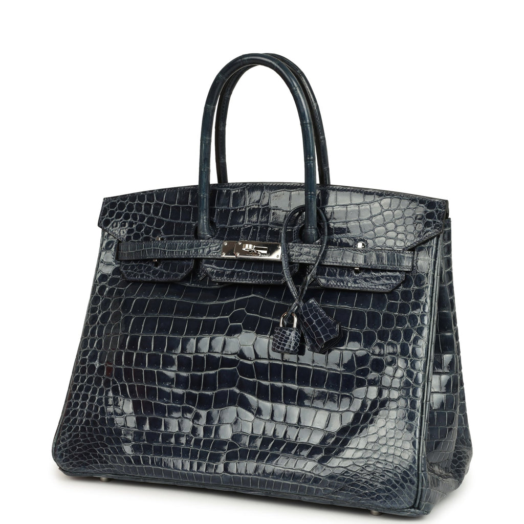 Pre-owned Hermes Birkin 35 Bleu Abysse Shiny Porosus Crocodile Palladium Hardware