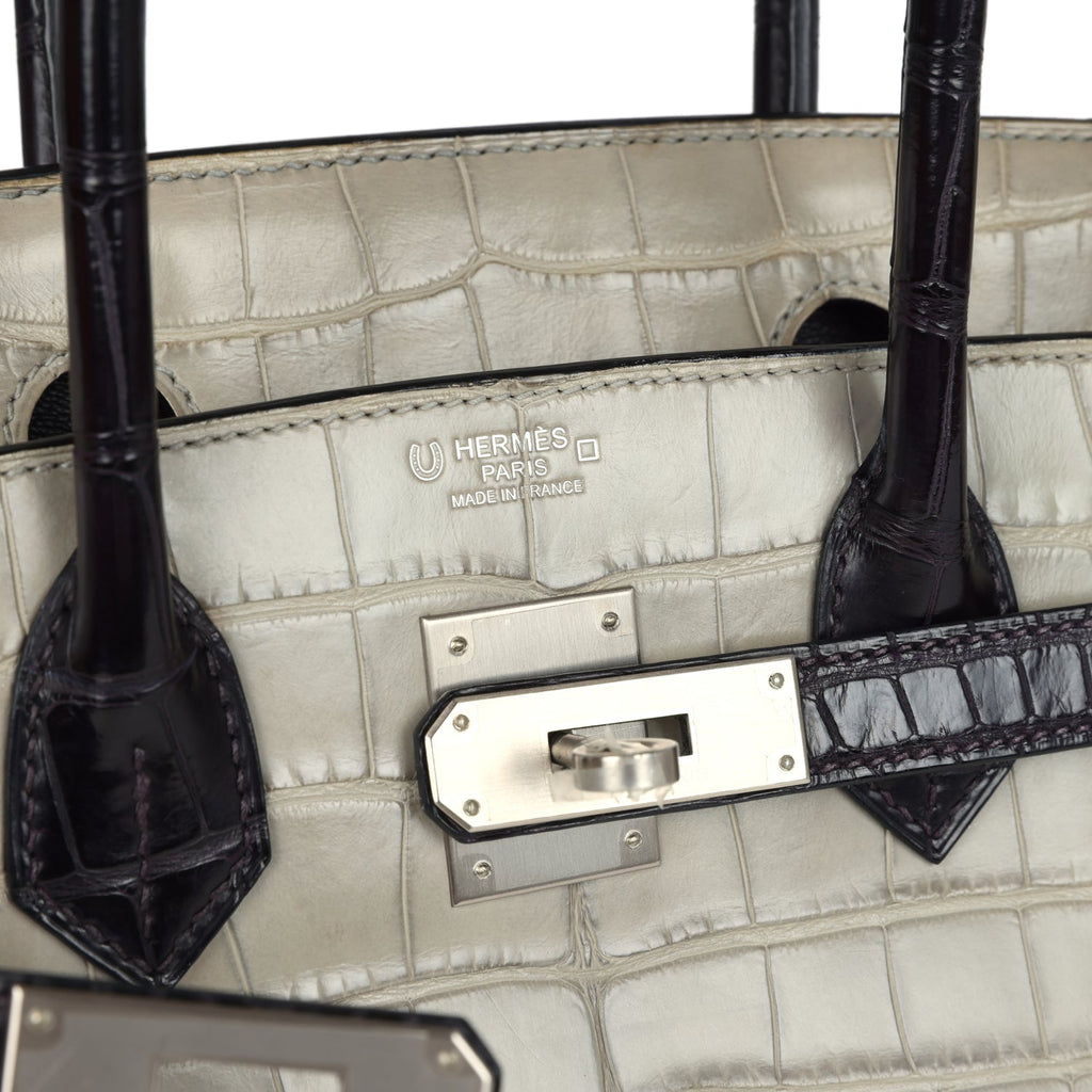 Pre-owned Hermes Special Order (HSS) Birkin 30 Gris Perle and Prunoir Matte Alligator Brushed Palladium Hardware