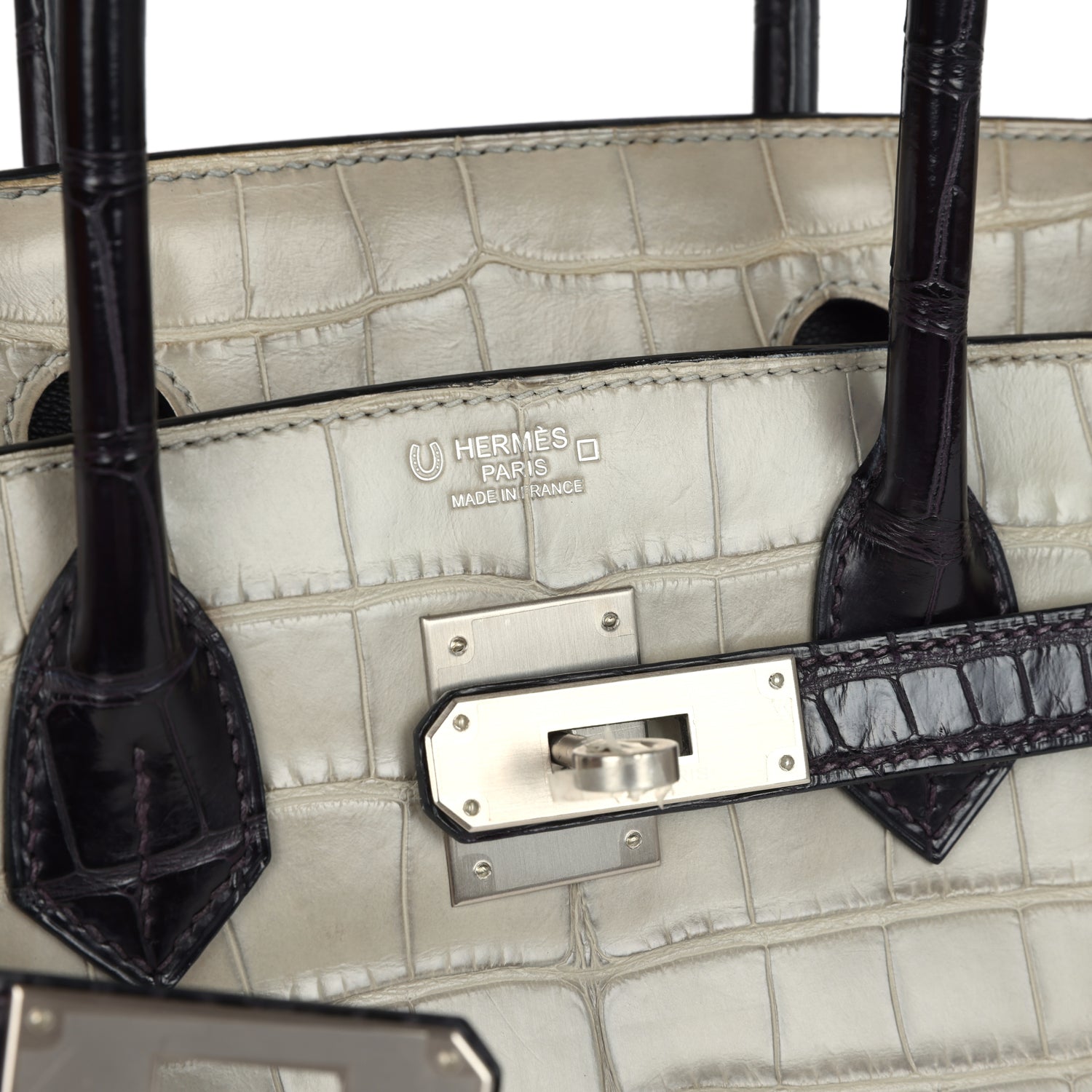 Pre-owned Hermes Special Order (HSS) Birkin 30 Gris Perle and Prunoir Matte Alligator Brushed Palladium Hardware