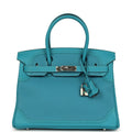 Pre-owned Hermes Birkin Ghillies 30 Turquoise Togo and Swift Palladium Hardware