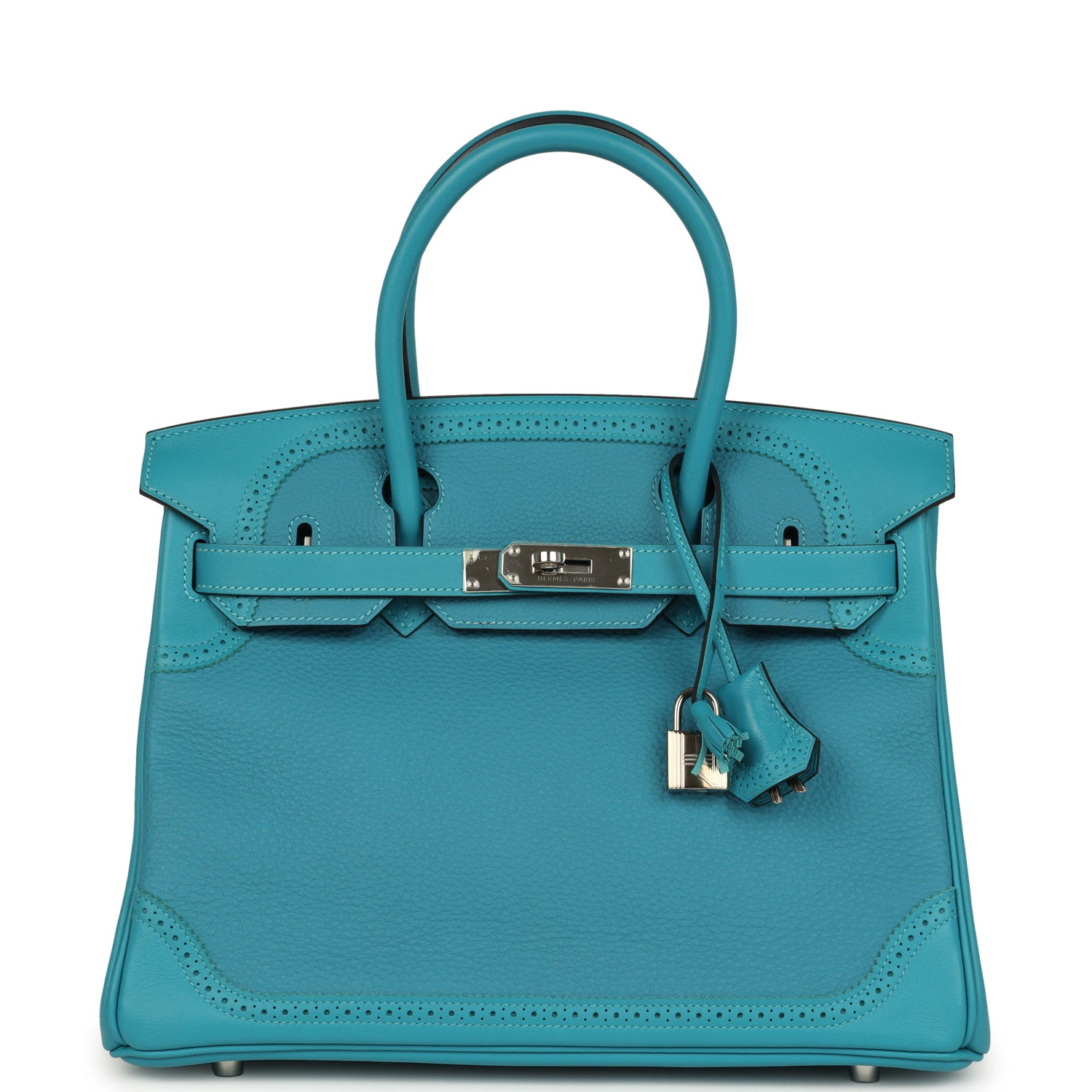 Pre-owned Hermes Birkin Ghillies 30 Turquoise Togo and Swift Palladium Hardware