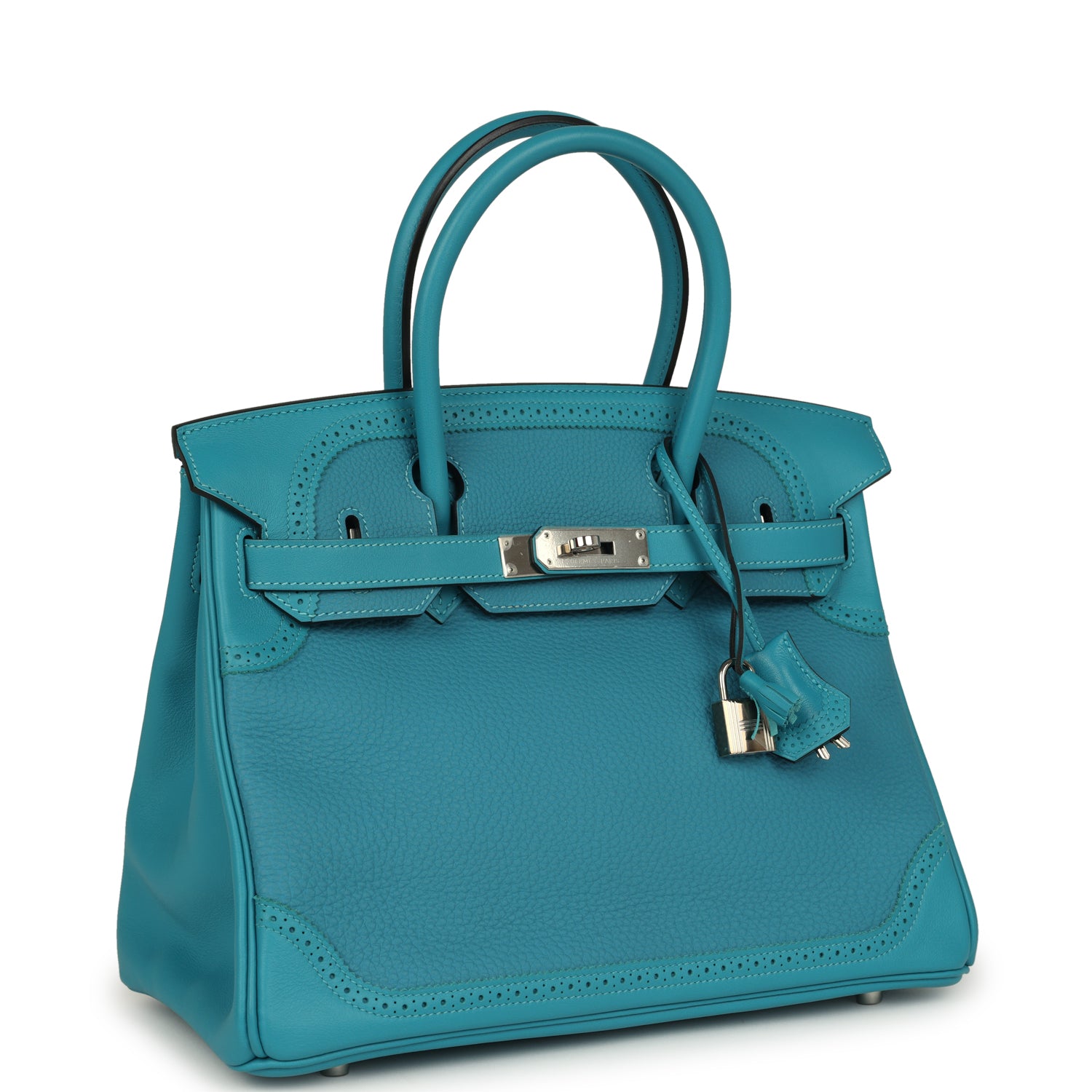 Pre-owned Hermes Birkin Ghillies 30 Turquoise Togo and Swift Palladium Hardware