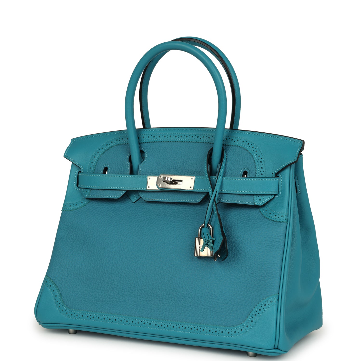 Pre-owned Hermes Birkin Ghillies 30 Turquoise Togo and Swift Palladium Hardware