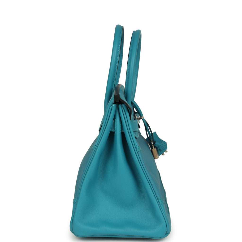 Pre-owned Hermes Birkin Ghillies 30 Turquoise Togo and Swift Palladium Hardware