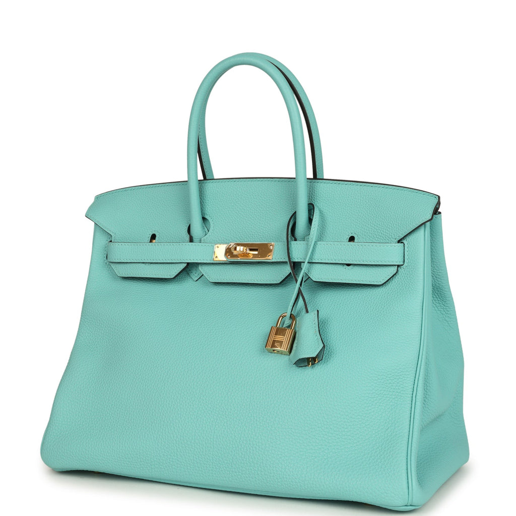 Pre-owned Hermes Birkin 35 Bleu Atoll Togo Gold Hardware
