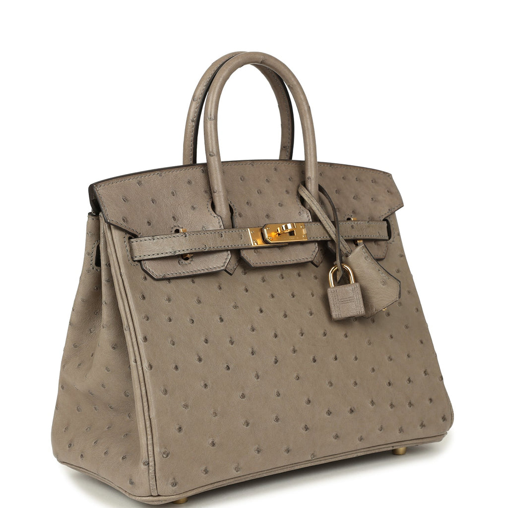 Pre-owned Hermes Birkin 25 Gris Tourterelle Ostrich Gold Hardware