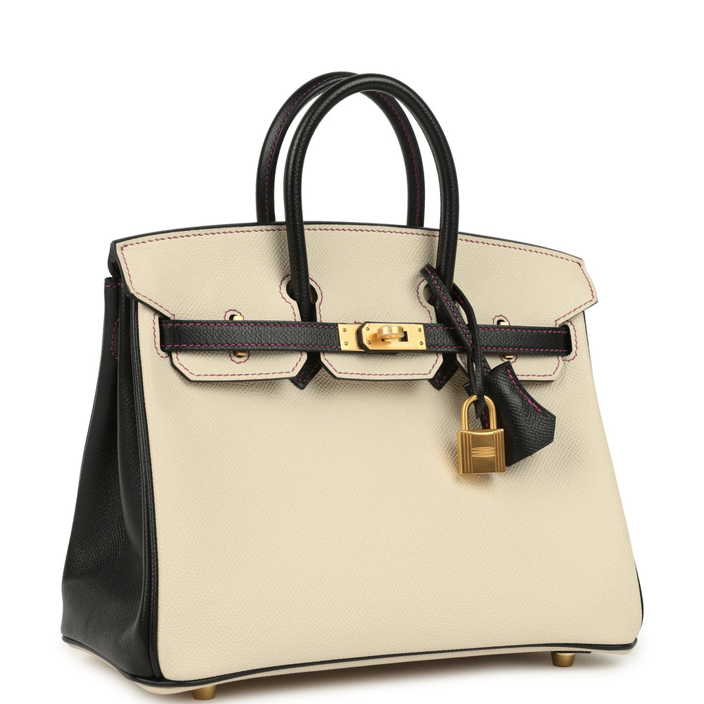 Pre-owned Hermes Special Order (HSS) Birkin 25 Craie and Black Epsom Brushed Gold Hardware