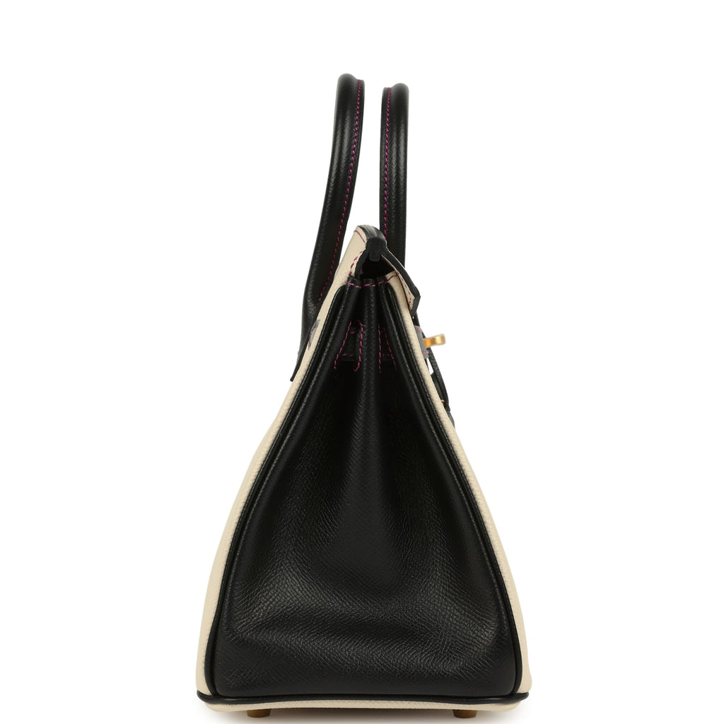 Pre-owned Hermes Special Order (HSS) Birkin 25 Craie and Black Epsom Brushed Gold Hardware