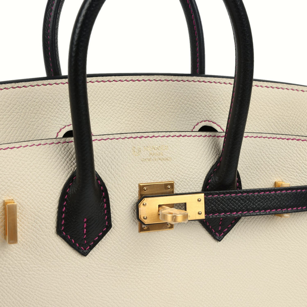 Pre-owned Hermes Special Order (HSS) Birkin 25 Craie and Black Epsom Brushed Gold Hardware