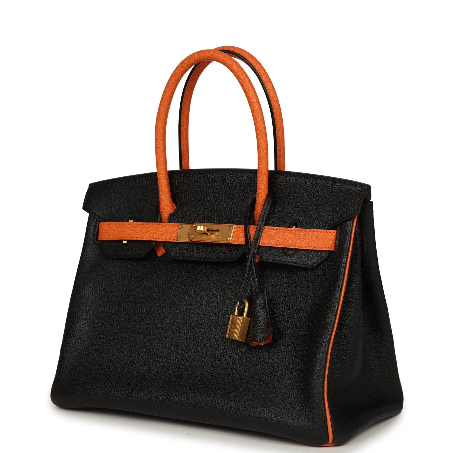 Pre-owned Hermes Special Order (HSS) Birkin 30 Black and Orange Chevre Brushed Gold Hardware