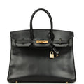 Vintage Hermes Birkin 35 Black Box Brushed Gold Hardware