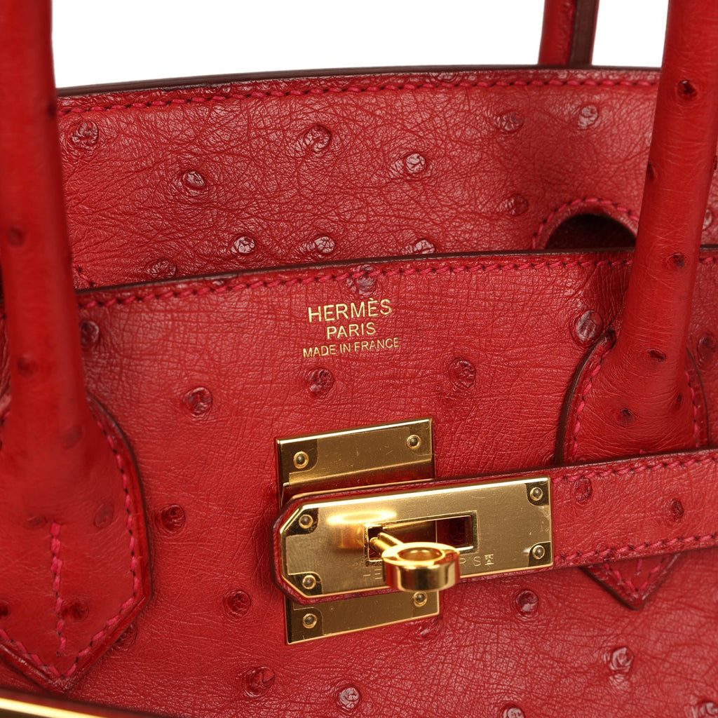 Pre-owned Hermes Birkin 30 Rouge Vif Ostrich Gold Hardware