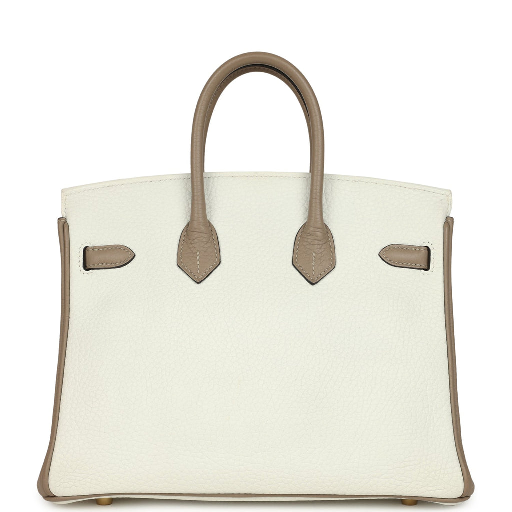 Hermes Special Order (HSS) Birkin 25 White and Etoupe Clemence Brushed Gold Hardware