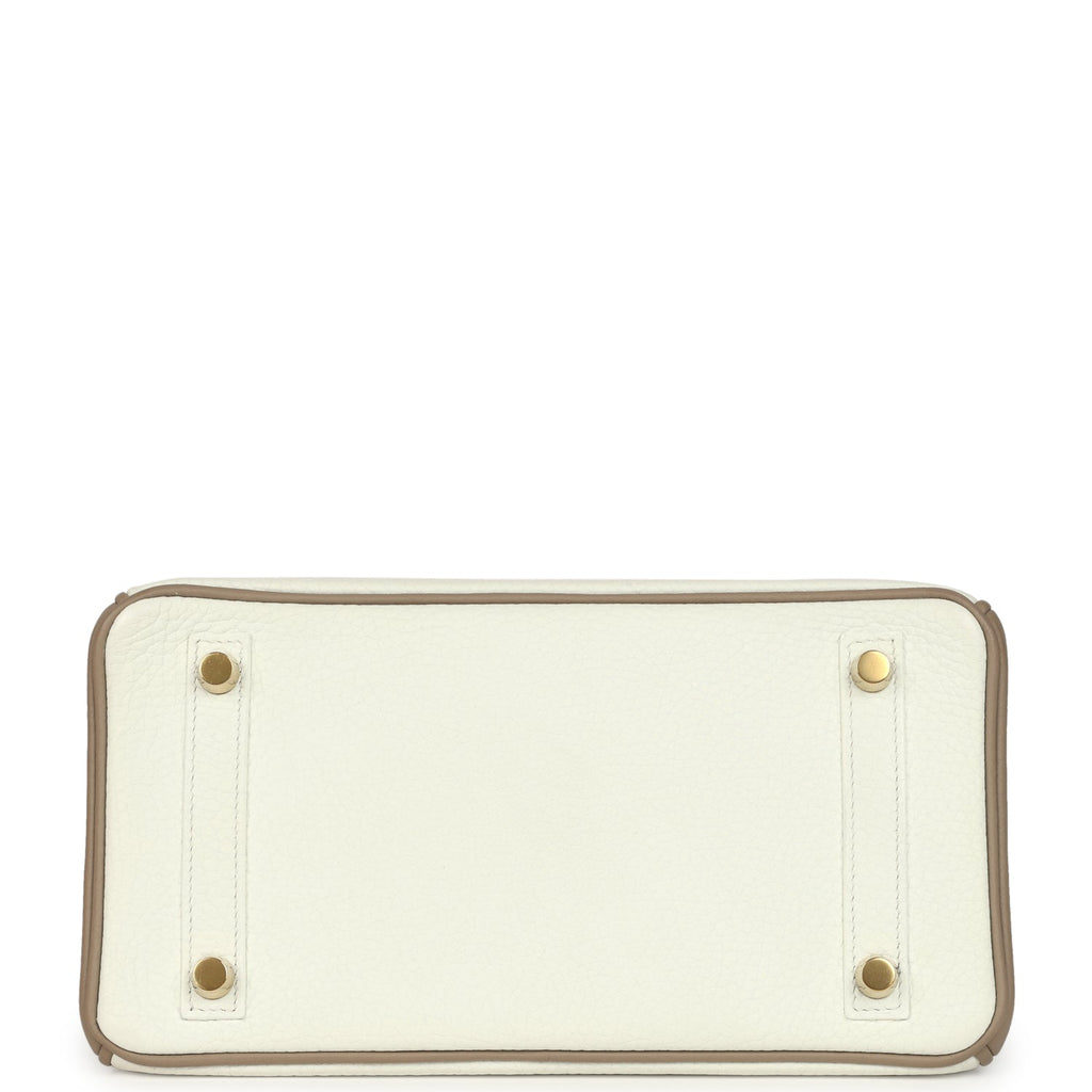 Hermes Special Order (HSS) Birkin 25 White and Etoupe Clemence Brushed Gold Hardware