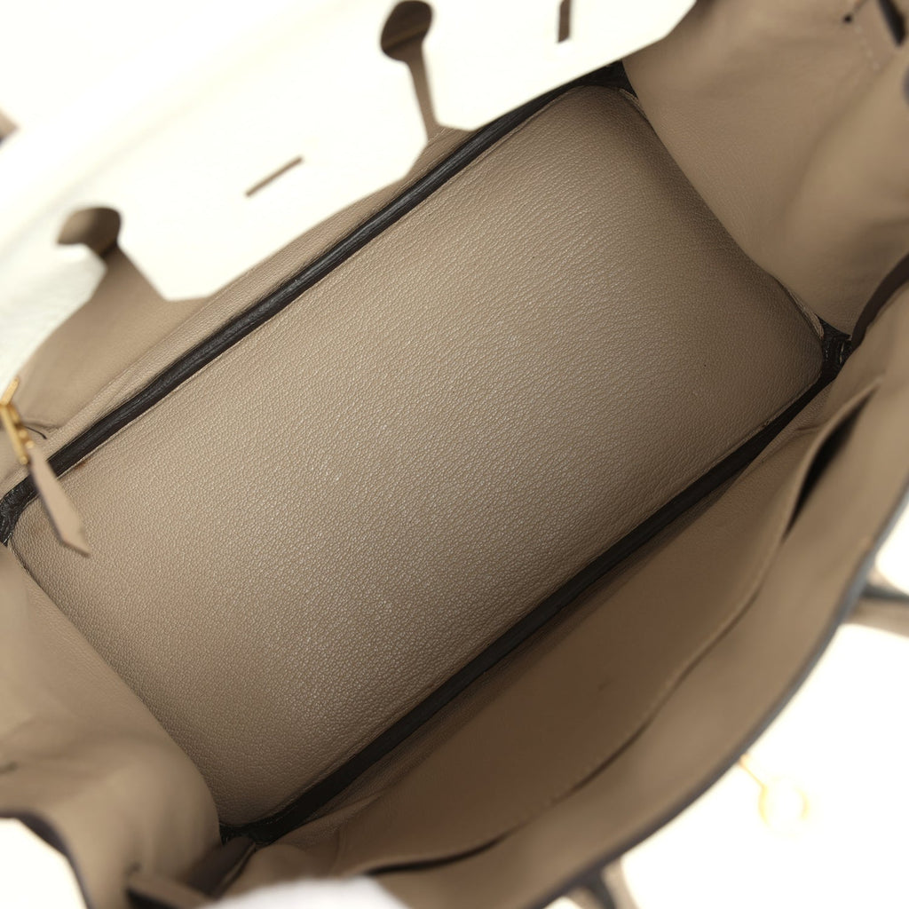 Hermes Special Order (HSS) Birkin 25 White and Etoupe Clemence Brushed Gold Hardware