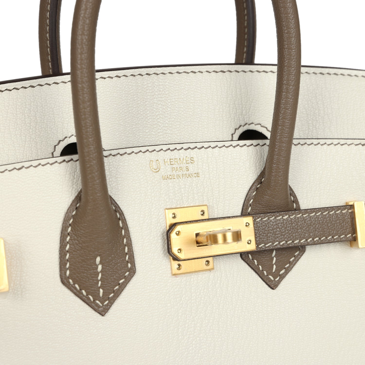 Hermes Special Order (HSS) Birkin 25 Nata and Etoupe Chevre Mysore Brushed Gold Hardware