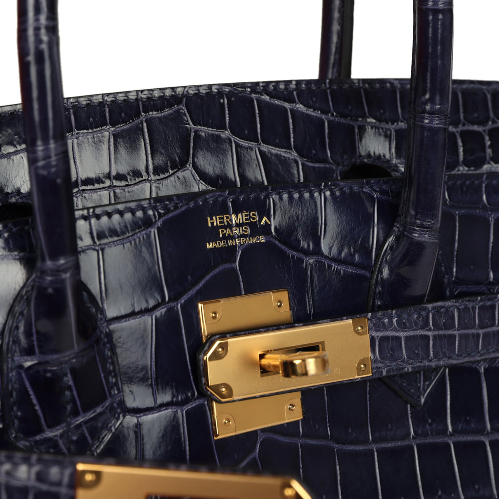 Pre-owned Hermes Birkin 30 Bleu Encre Shiny Porosus Crocodile Gold Hardware
