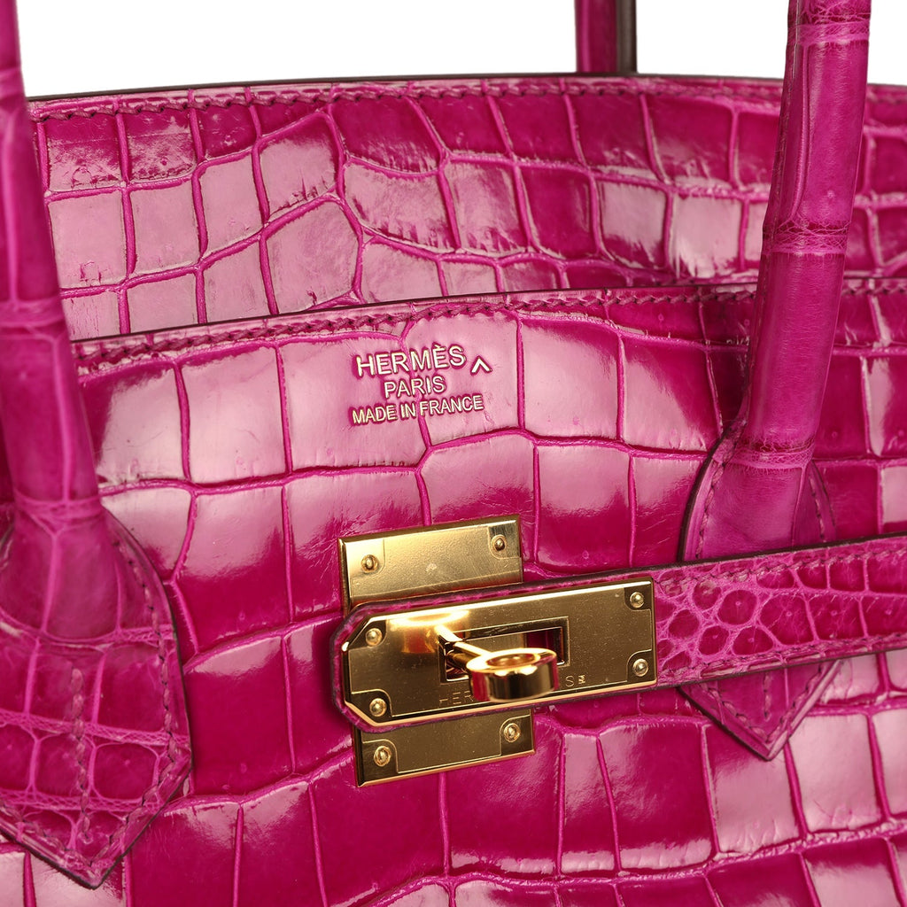 Pre-owned Hermes Birkin 35 Rose Scheherazade Shiny Porosus Crocodile Gold Hardware
