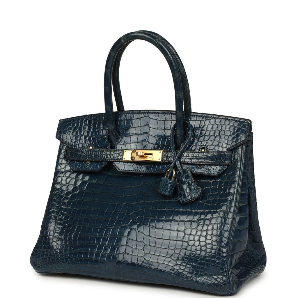 Vintage Hermes Birkin 30 Bleu Roi Shiny Porosus Crocodile Gold Hardware