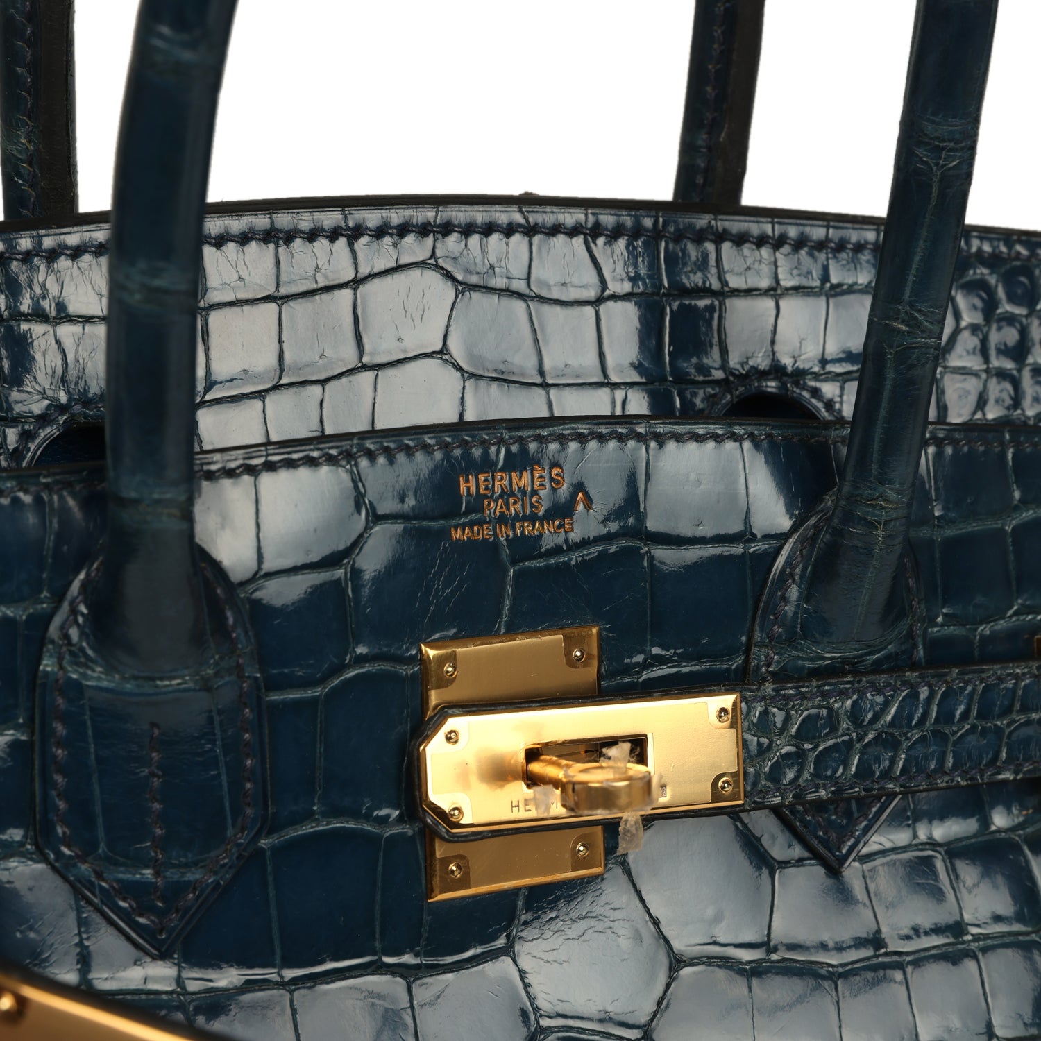 Vintage Hermes Birkin 30 Bleu Roi Shiny Porosus Crocodile Gold Hardware