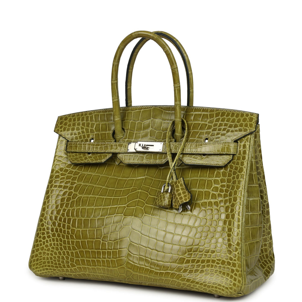 Pre-owned Hermes Birkin 35 Vert Anis Shiny Porosus Crocodile Palladium Hardware