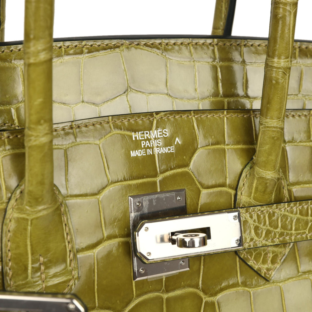 Pre-owned Hermes Birkin 35 Vert Anis Shiny Porosus Crocodile Palladium Hardware
