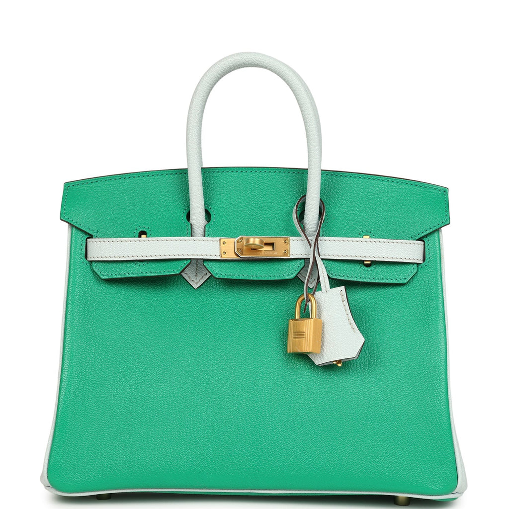 Hermes Special Order (HSS) Birkin 25 Bi-Color Menthe and Bleu Brume Chevre Mysore Brushed Gold Hardware