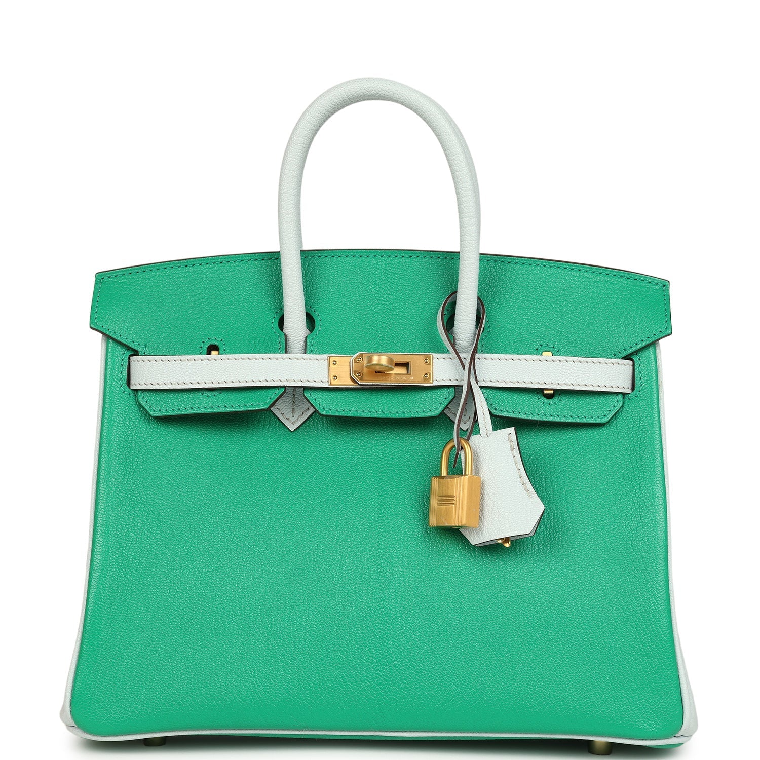 Hermes Special Order (HSS) Birkin 25 Bi-Color Menthe and Bleu Brume Chevre Mysore Brushed Gold Hardware