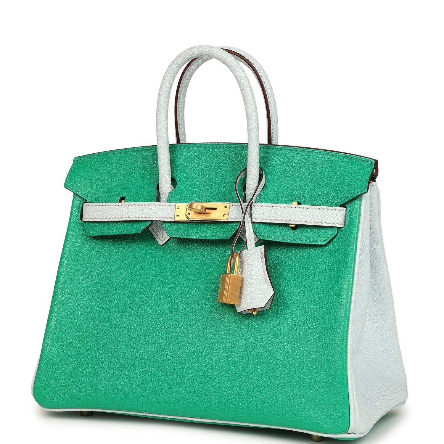 Hermes Special Order (HSS) Birkin 25 Bi-Color Menthe and Bleu Brume Chevre Mysore Brushed Gold Hardware