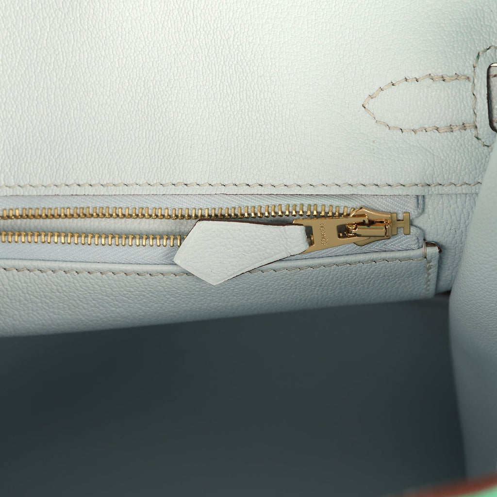 Hermes Special Order (HSS) Birkin 25 Bi-Color Menthe and Bleu Brume Chevre Mysore Brushed Gold Hardware